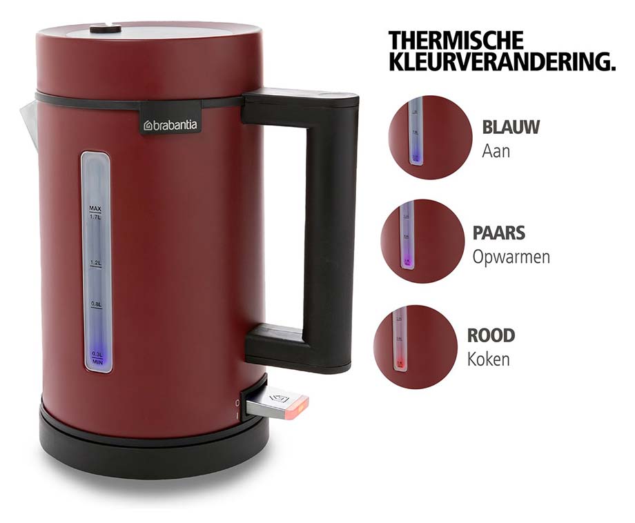 Brabantia Waterkoker 1,7L Rood Met LED Temperatuur Indicatie