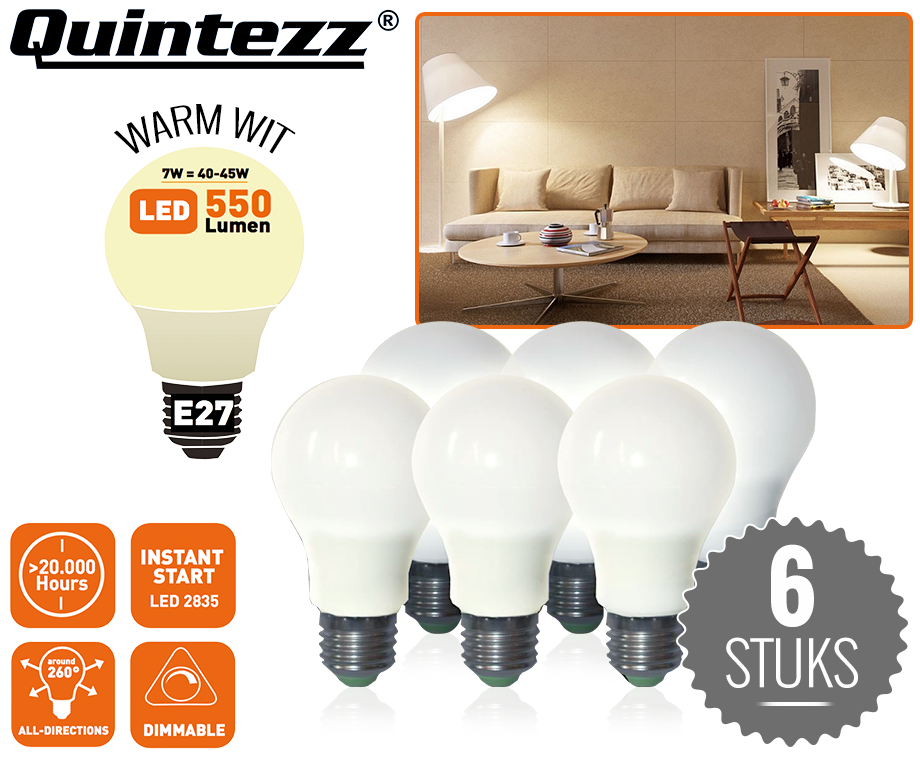 Set Van 6 Quintezz E27 7W LED Lampen - Milieuvriendelijk, Dimbaar En