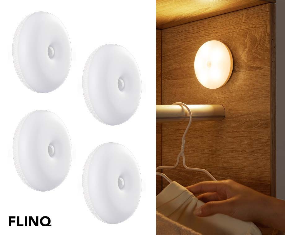 FlinQ Draadloze Wandlamp 4-pack - LED Nachtlampje - Kastverlichting - Bewegingssensor - Wit/Warm licht - LED Lamp