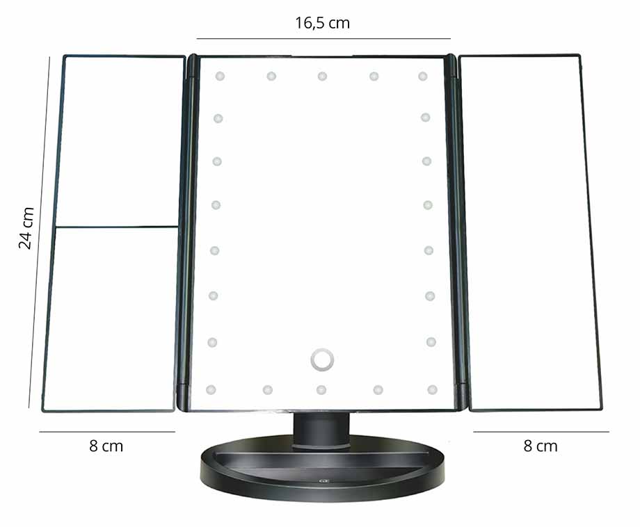 UNIQ drievoudige make-upspiegel met LED-verlichting, zwart UNIQ drievoudige make-upspiegel met LED-verlichting, zwart