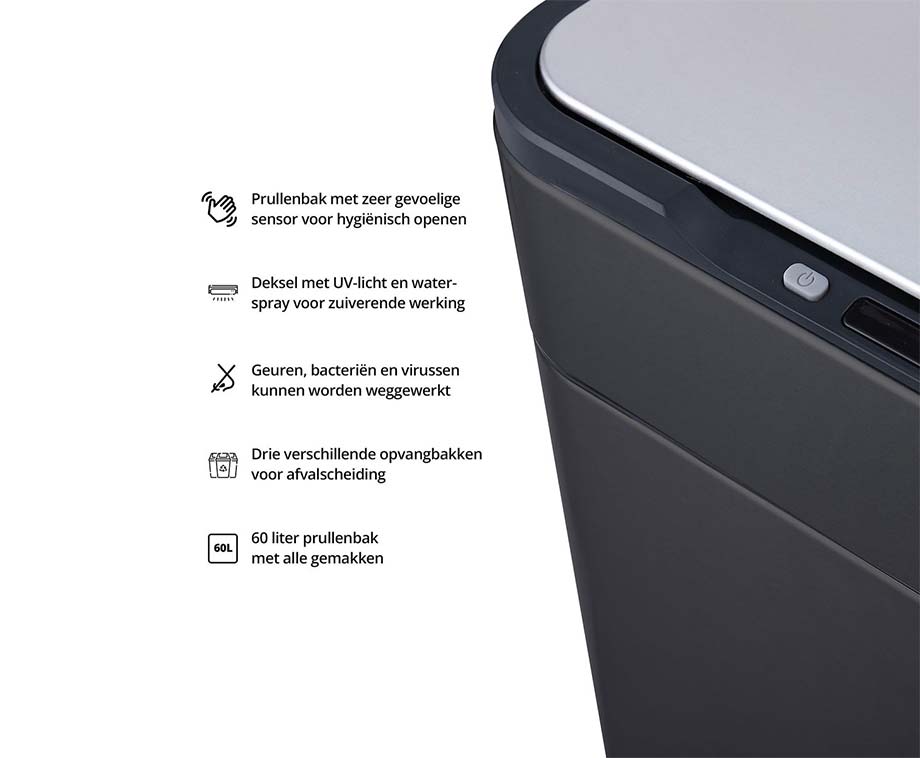 FlinQ Senzaro - 60L Prullenbak Afvalscheiding - Vuilnisbak - Afvalscheidingsprullenbak - Afvalemmer - Bewegingssensor - Stainless