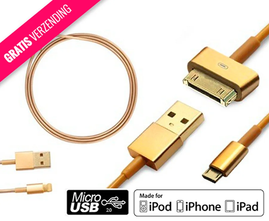 Goudkleurige USB-kabel voor iPhone, iPad of Samsung / micro-USB verbinding!