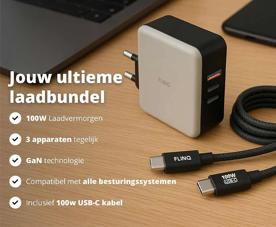 FlinQ 100W Adapter Incl. Kabel Set - Laad 3 Apparaten Tegelijkertijd Op!