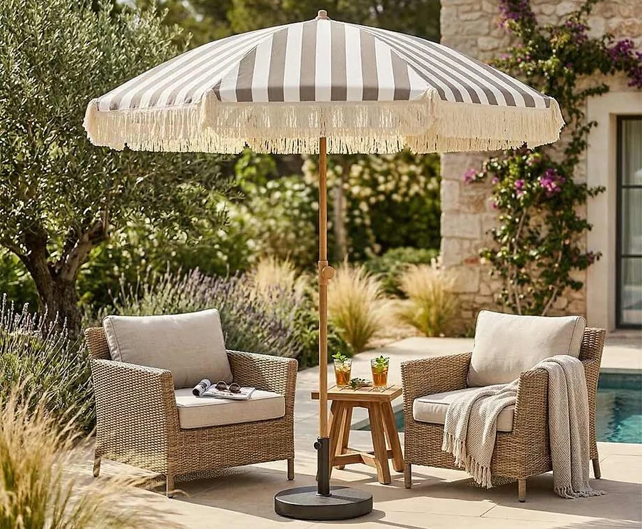 Tuinparasol Met Franjes En Strepen Taupe - Zomerse Blikvanger Met Bescherming!