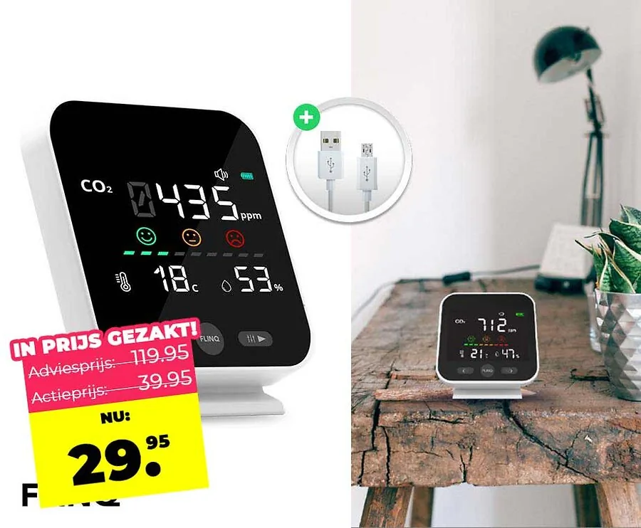 FlinQ Draadloze CO2 Meter - Monitort De Luchtkwaliteit!