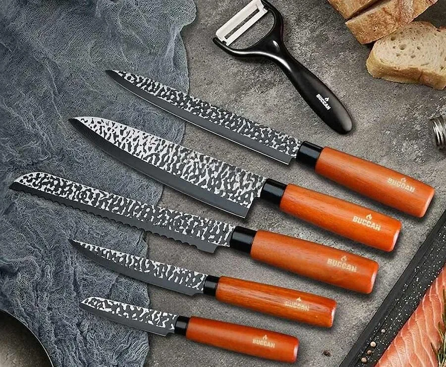 6-Delige Buccan Messenset - Zilver Gehamerd Met Houten Handvatten!