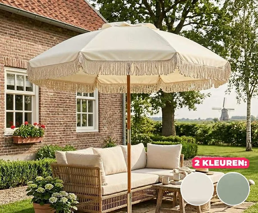 Houten Parasol Met Franjes 180 cm - UV50+ Bescherming Met Luxe Uitstraling!