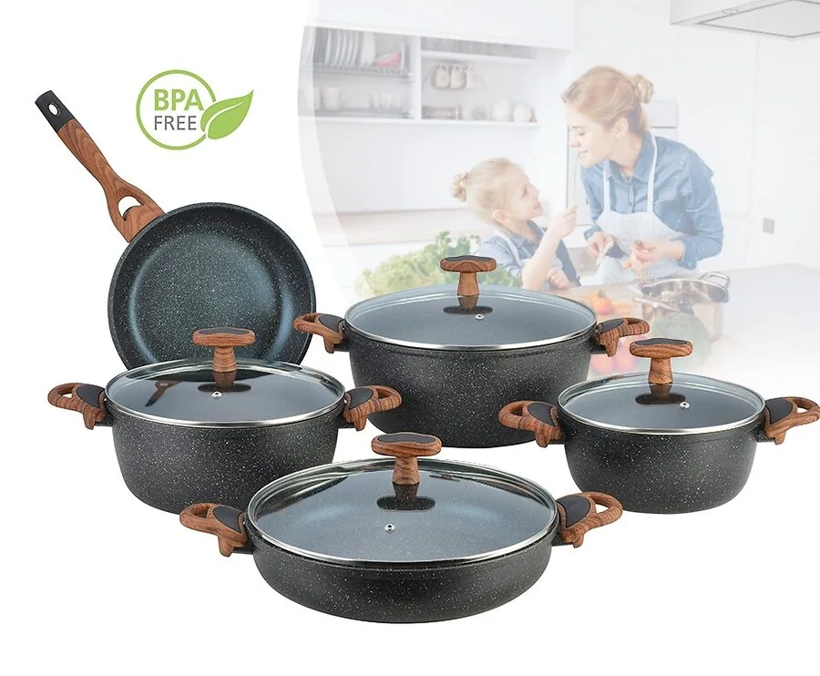 9-Delige Houtlook Pannenset Met Marmercoating - Kook Gezonder En Makkelijker!