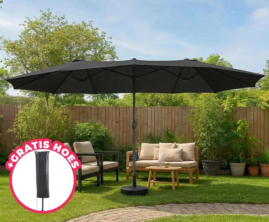 Dubbele Parasol XXL Zwart SEVVA® - Inclusief GRATIS Hoes t.w.v. €34,95!