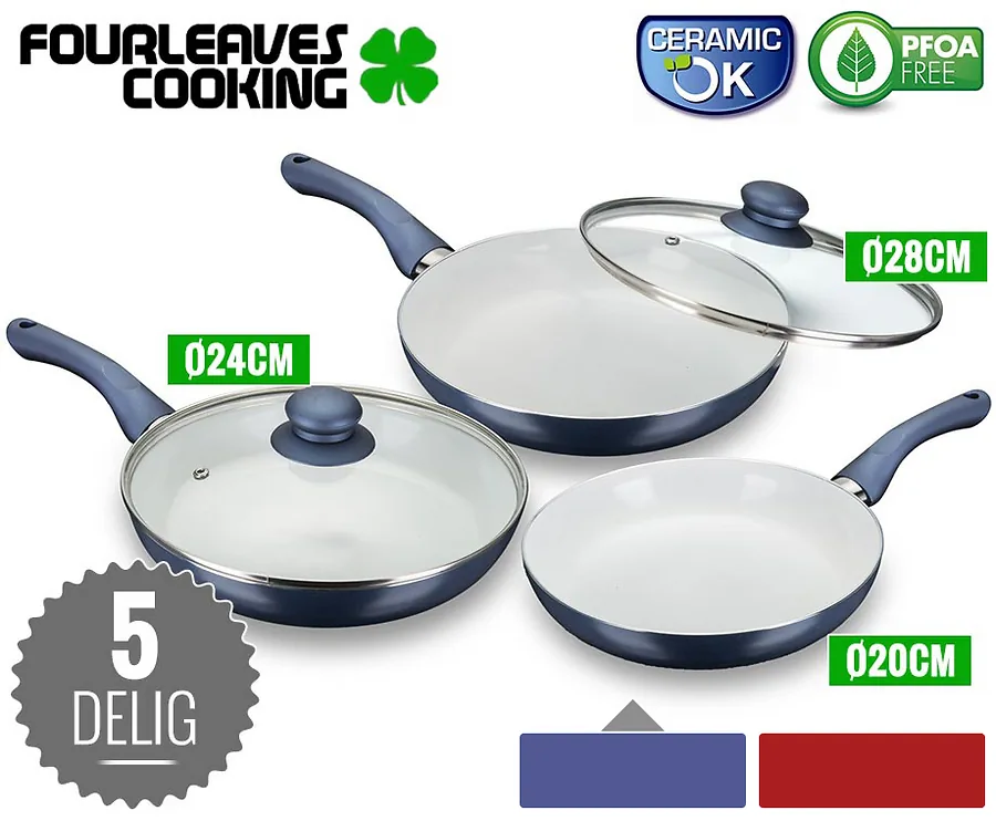 5-Delige Keramische Pannenset Voor Verantwoord Vetvrij Koken - Verkrijgbaar In 2 Verschillende Kleuren!