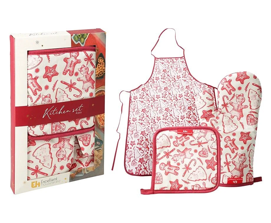 Keukenset Kerst 3-delig met Handschoen, Pannenlap en Schort