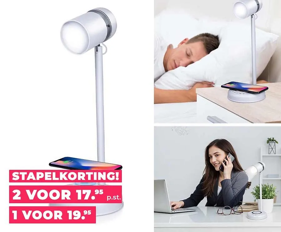 3-in-1 Dimbare Nachtkast- Of Bureaulamp Met Speaker - Met Draadloze Telefoonoplader!