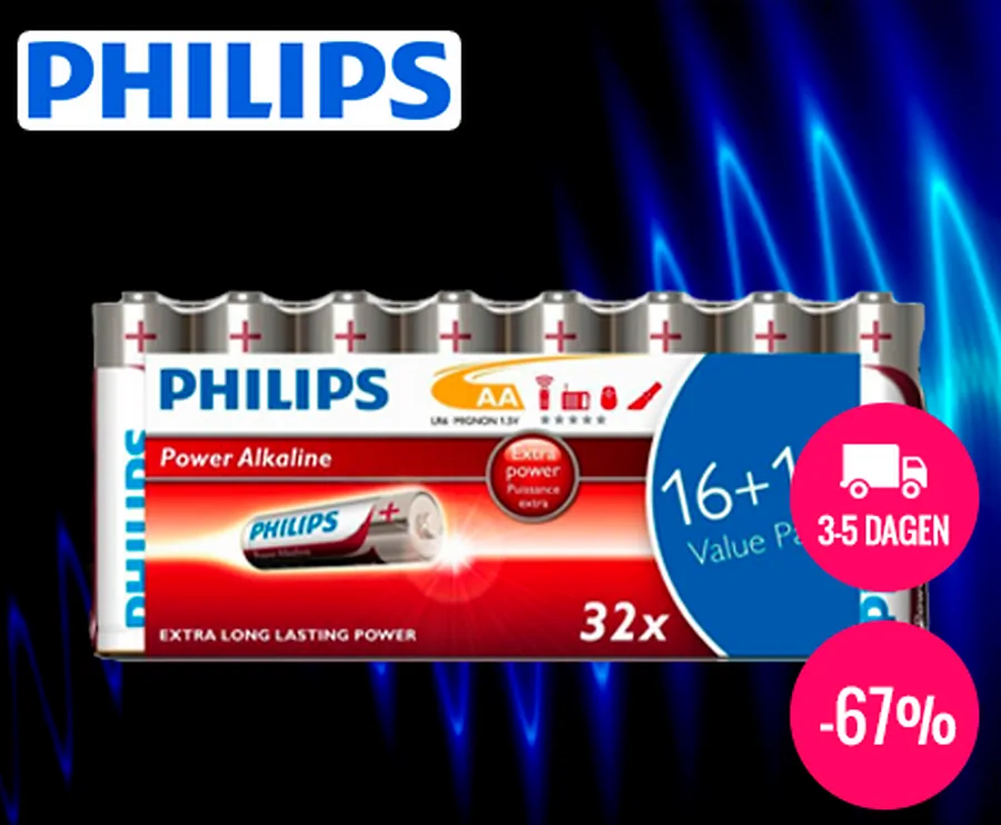 32x AA Philips PowerLife Alkaline Batterijen