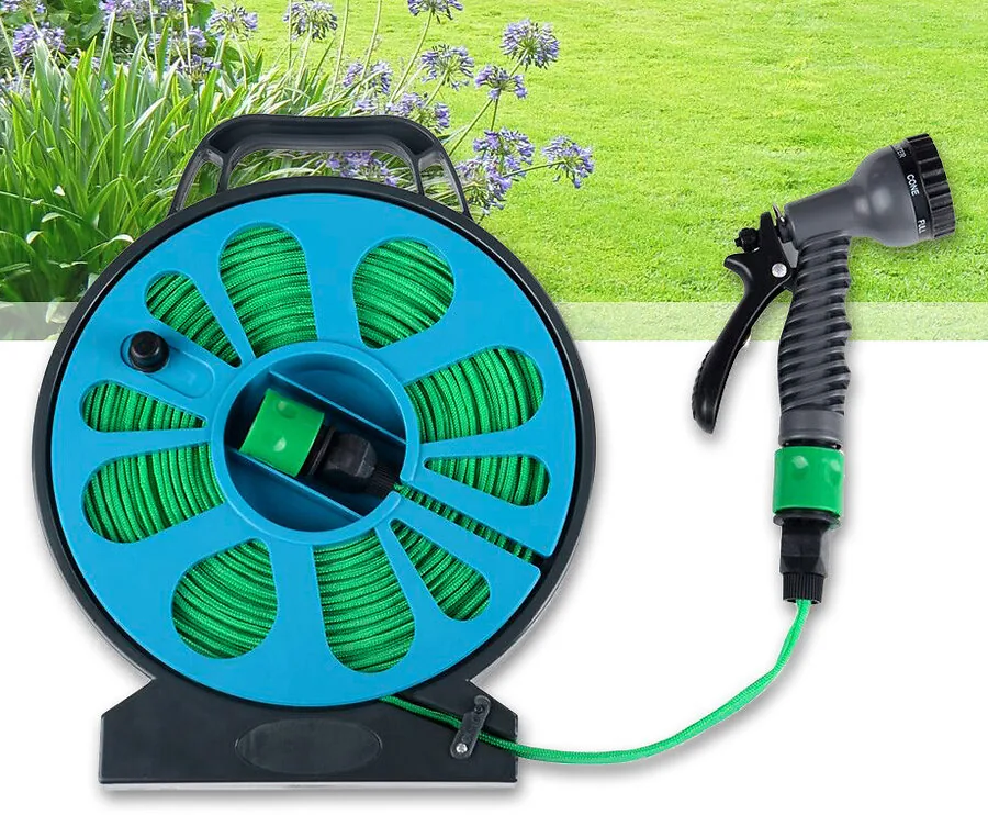15M Platte Tuinslang Met Haspel En Sproeikop - Compact En Zeer Praktisch!