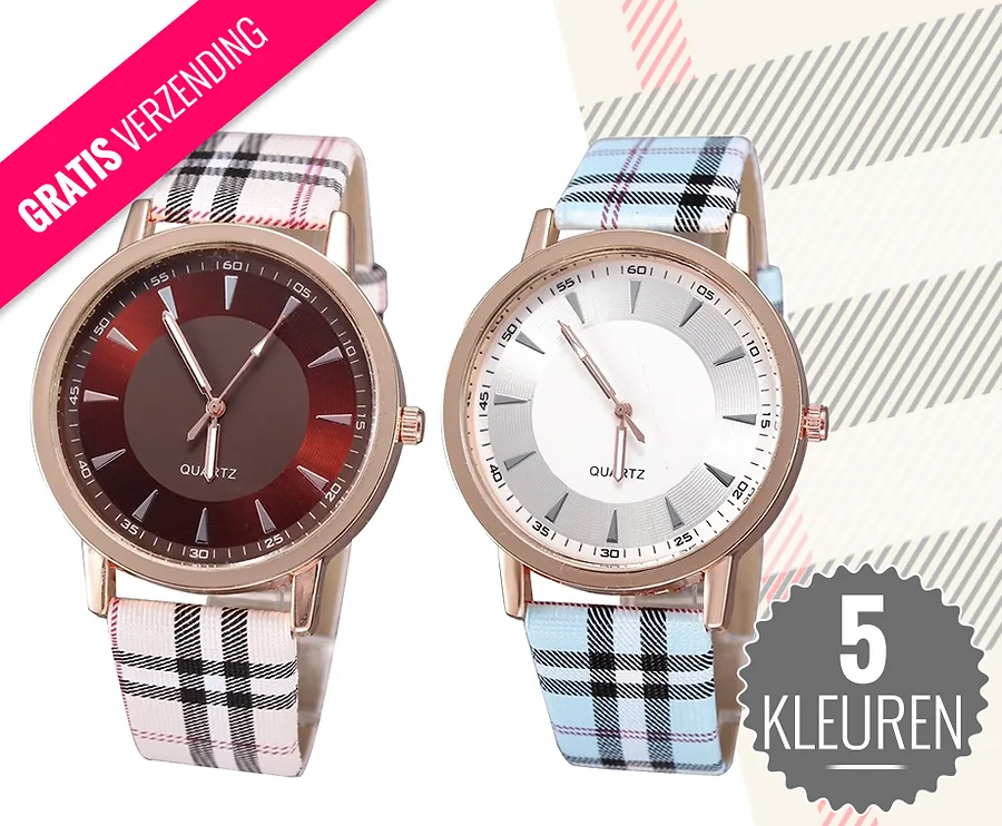 Horloge Met Tartan Ruitdesign - Verkrijgbaar In 5 Kleuren!