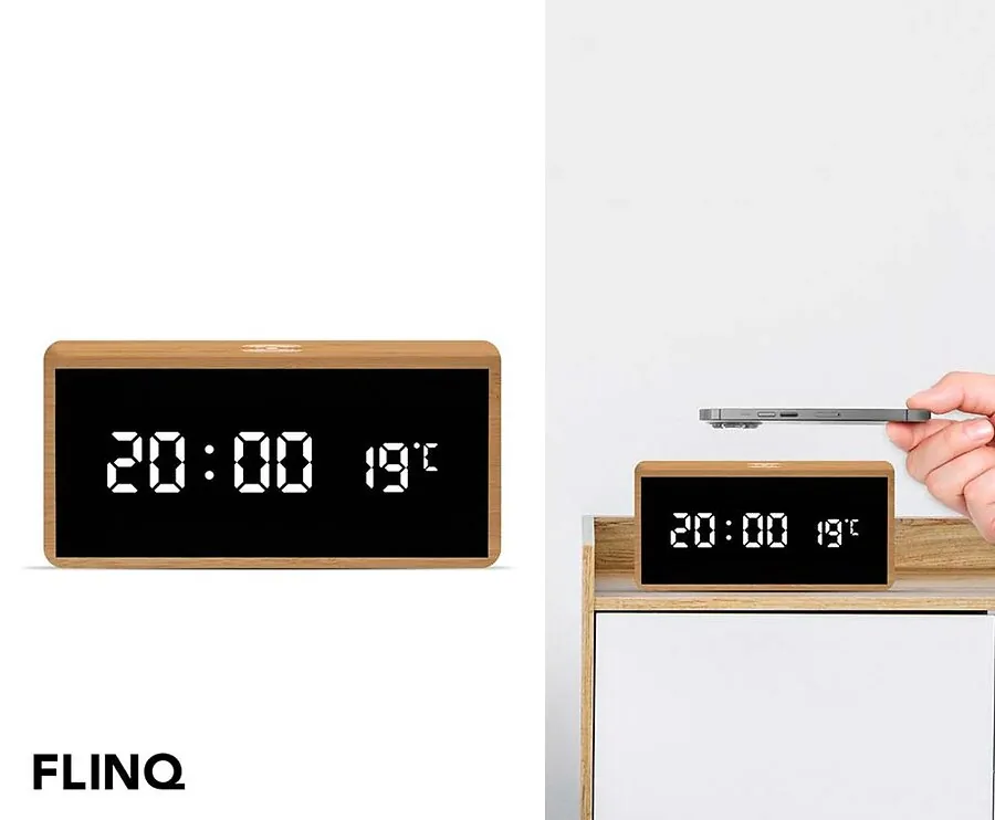 FlinQ Bamboe Wekker - Met Thermometer En Draadloze Qi Telefoonoplader!