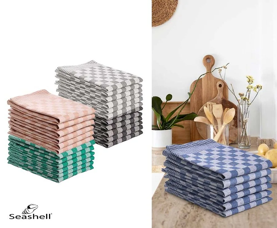 6-Pack Seashell Theedoeken Met Blokpatroon - Verkrijgbaar In 5 Kleuren!