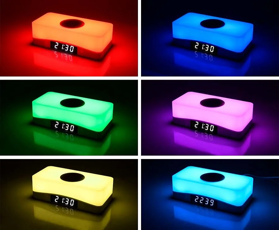 Moodlamp Met Klok En Draadloze Lader - In Diverse Kleuren In Te Stellen!