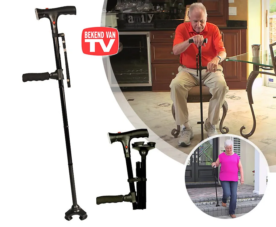 Opvouwbare Wandelstok Met LED Zaklamp - Extra Stabiel En Blijft Zelfstandig Staan!