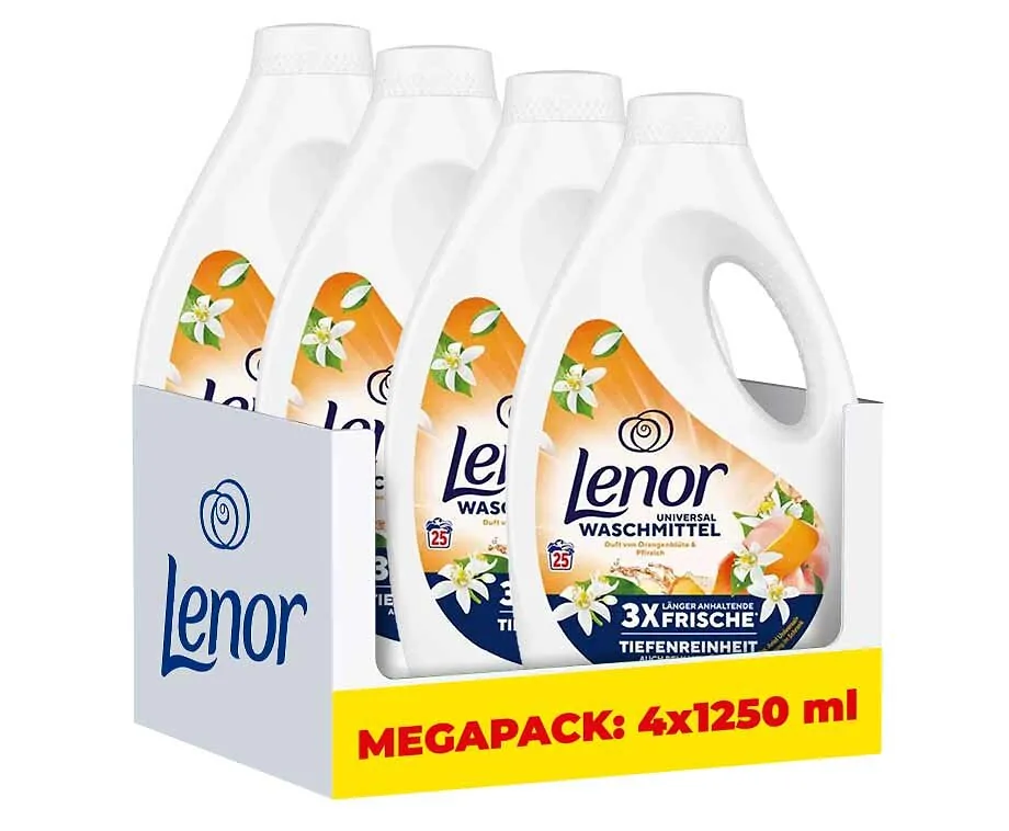 4x1250 ml Wasbeurten Lenor Wasmiddel Vloeibaar - Goed Voor 100 Wasbeurten!