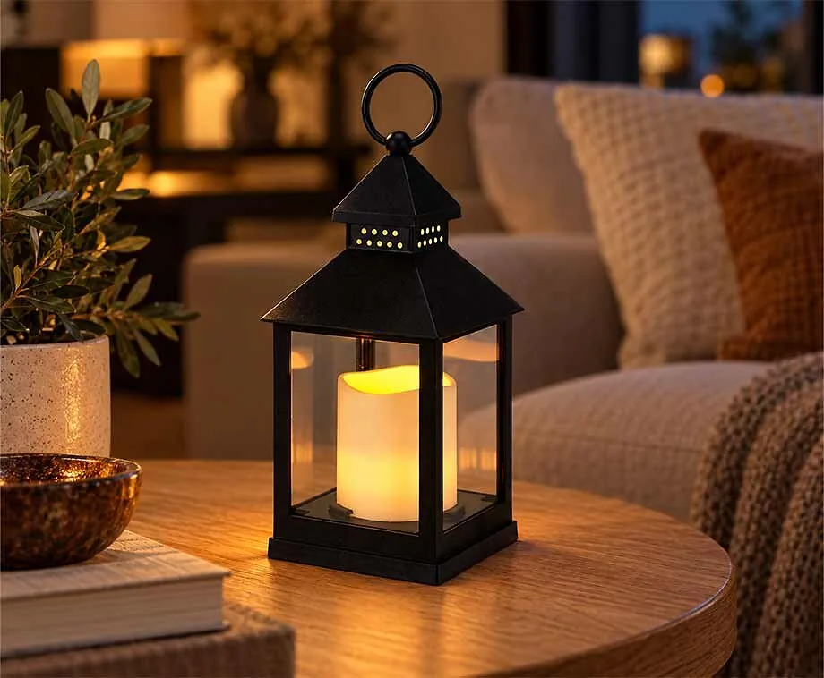 Lantaarn met LED Kaars 23 cm Zwart