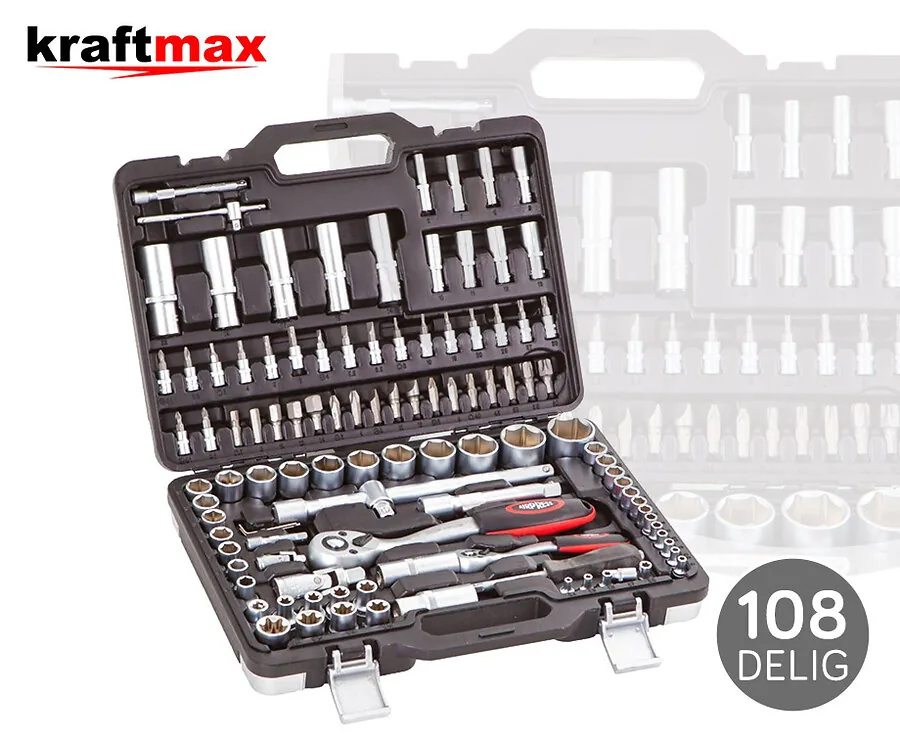 108-Delige Kraftmax Gereedschapskoffer - Met Supersterk Chroom Vanadium Staal Gereedschap!