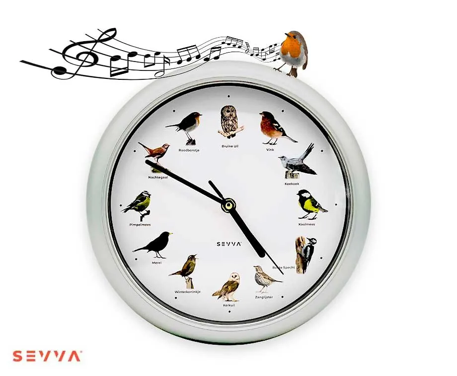 SEVVA® Wandklok Met Vogelgeluiden Zilver - Elk Uur Zingende Vogels!